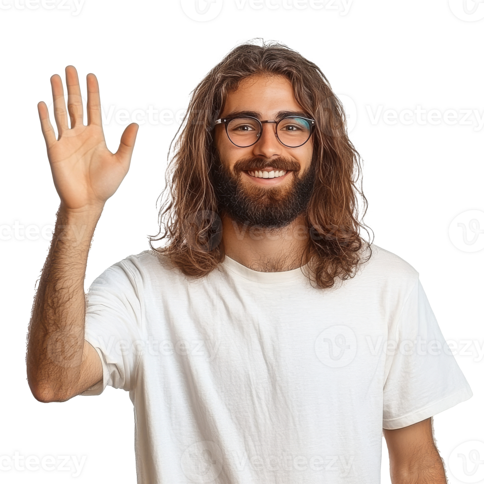 Young man waving with a friendly smile indoors transparent png