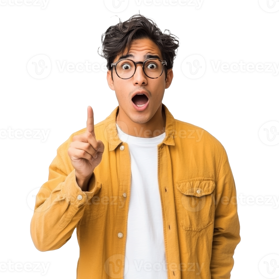 Young man in disbelief raises finger transparent png