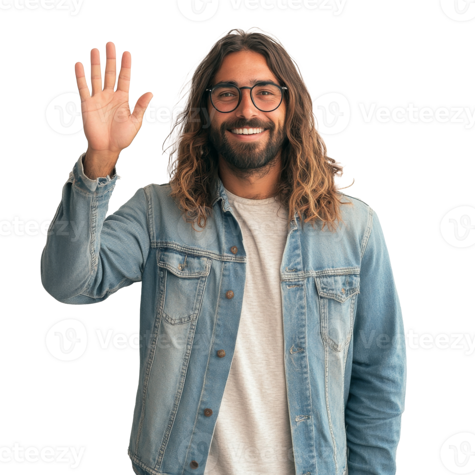 Friendly man waves in a casual blue jacket indoors transparent png