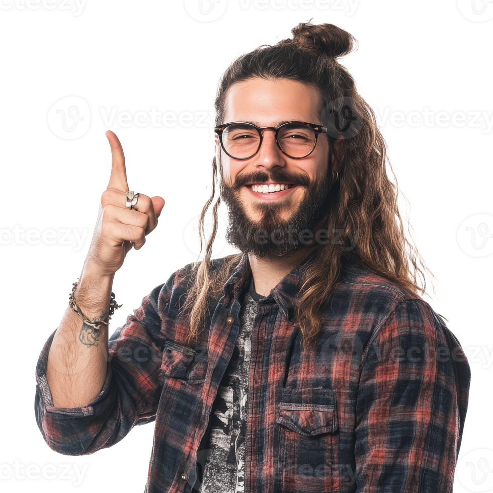 Enthusiastic man in glasses pointing up transparent png