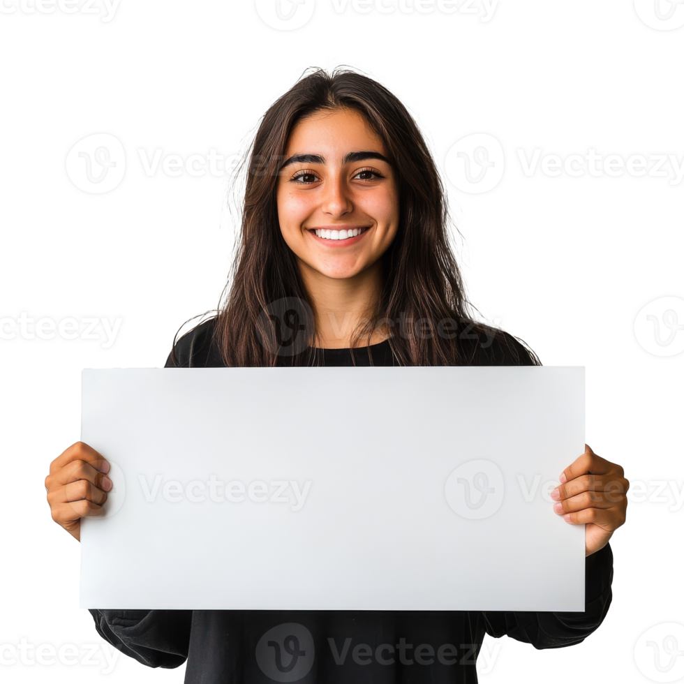 Young woman holding a blank sign with a smile transparent png
