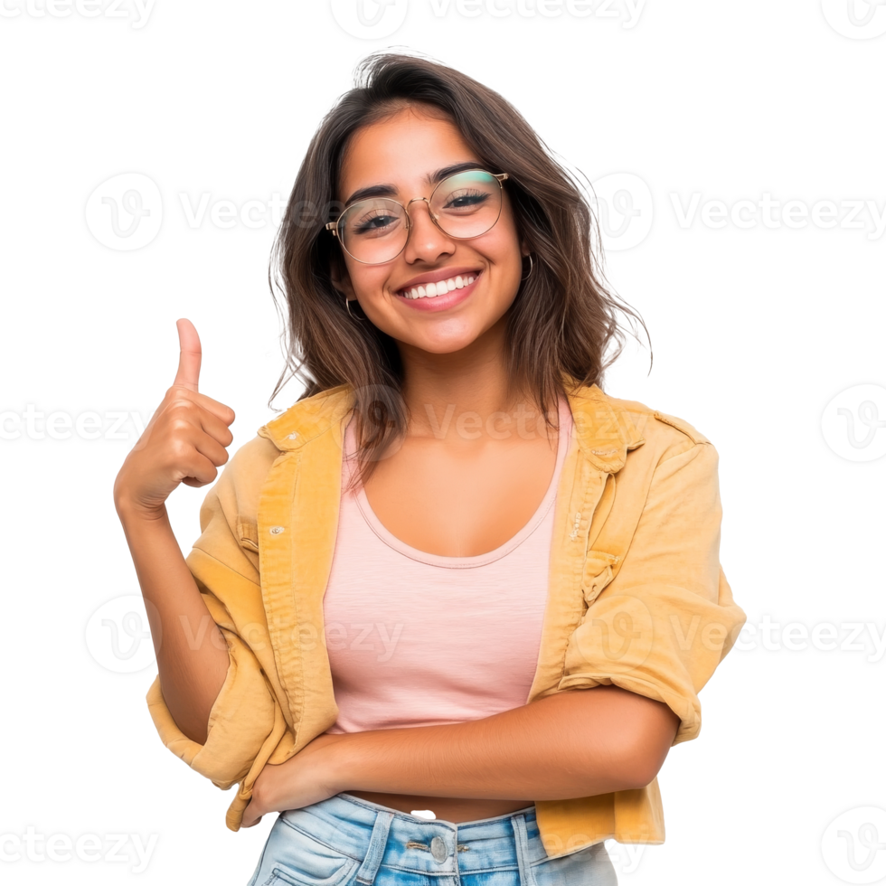Smiling young woman showing thumbs up indoors transparent png