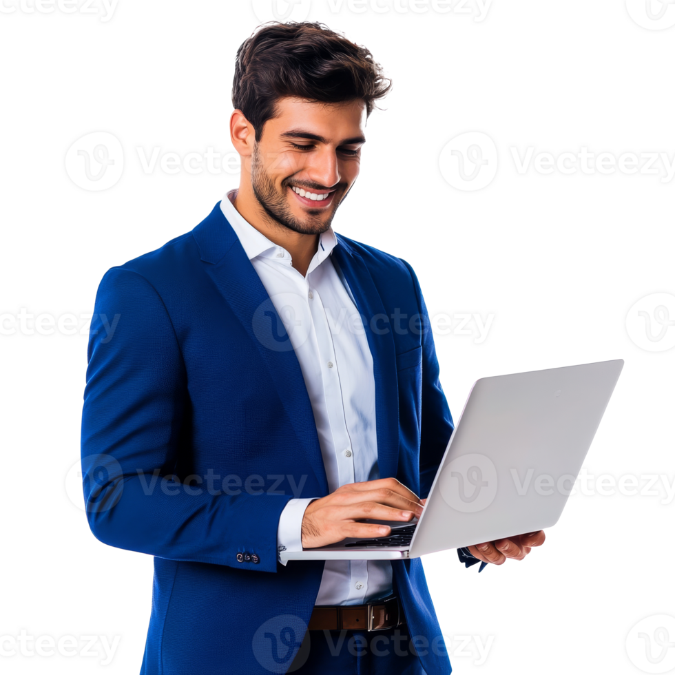 Professional man working on laptop in a blue suit transparent png