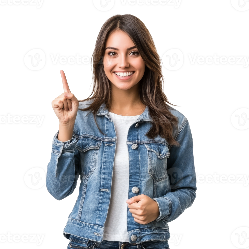 Smiling woman in denim jacket pointing up transparent png