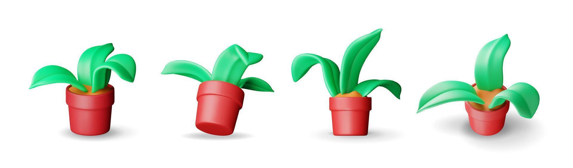 3D set of plant leaves in pot isolated. Render collection of simple green plant. vector