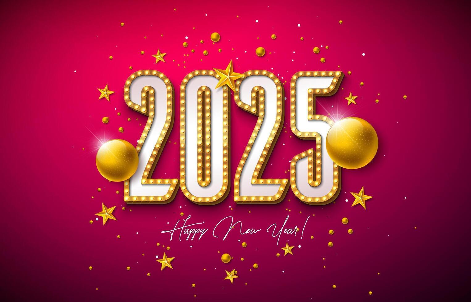 2025 Happy New Year Illustration with 3d Glowing Light Bulb Billboard Typography Lettering, Christmas Ball and Golden Star on Red Background. Holiday Design for Party Flyer, Celebration Banner vector