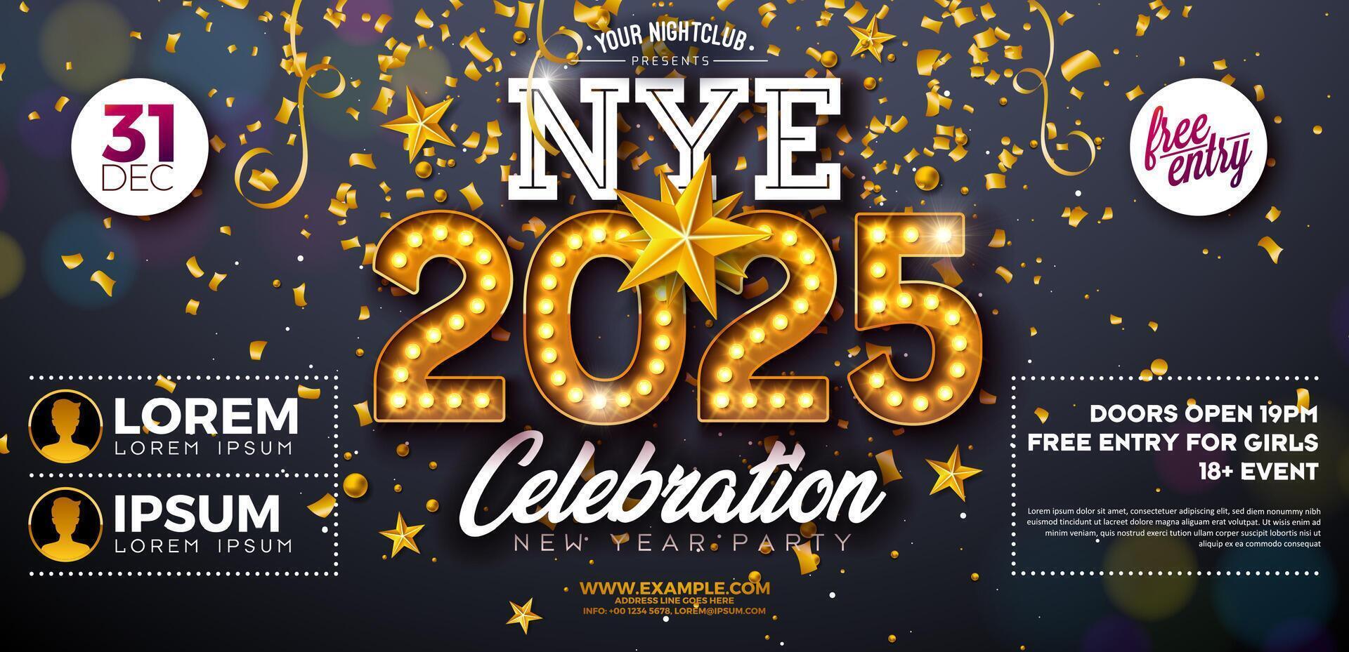 Happy New Year 2025 Party Celebration Banner Template Illustration with Glowing Light Bulb Billboard Number on Black Background. New Year Eve Holiday Poster Design. Premium Invitation Flyer or vector