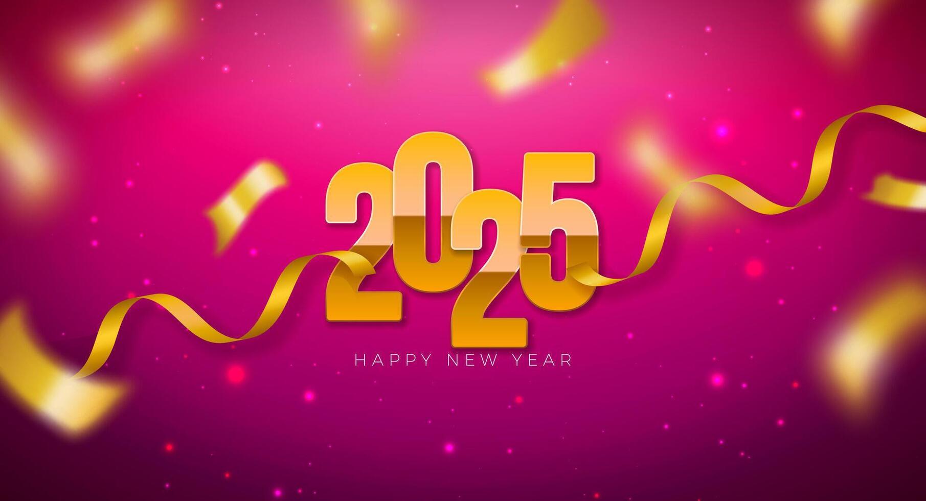 2025 Happy New Year Illustration with Golden Number and Falling Confetti on Red Background. Holiday Design with Typography Lettering for Flyer, Greeting Card, Banner, Celebration Poster, Party vector