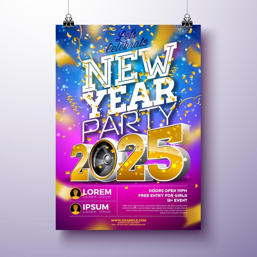 Happy New Year 2025 Party Celebration Poster Template Illustration with Golden 3d Typography Lettering and Speaker on Falling Confetti Background. New Year Eve Holiday Flyer Design. Premium vector