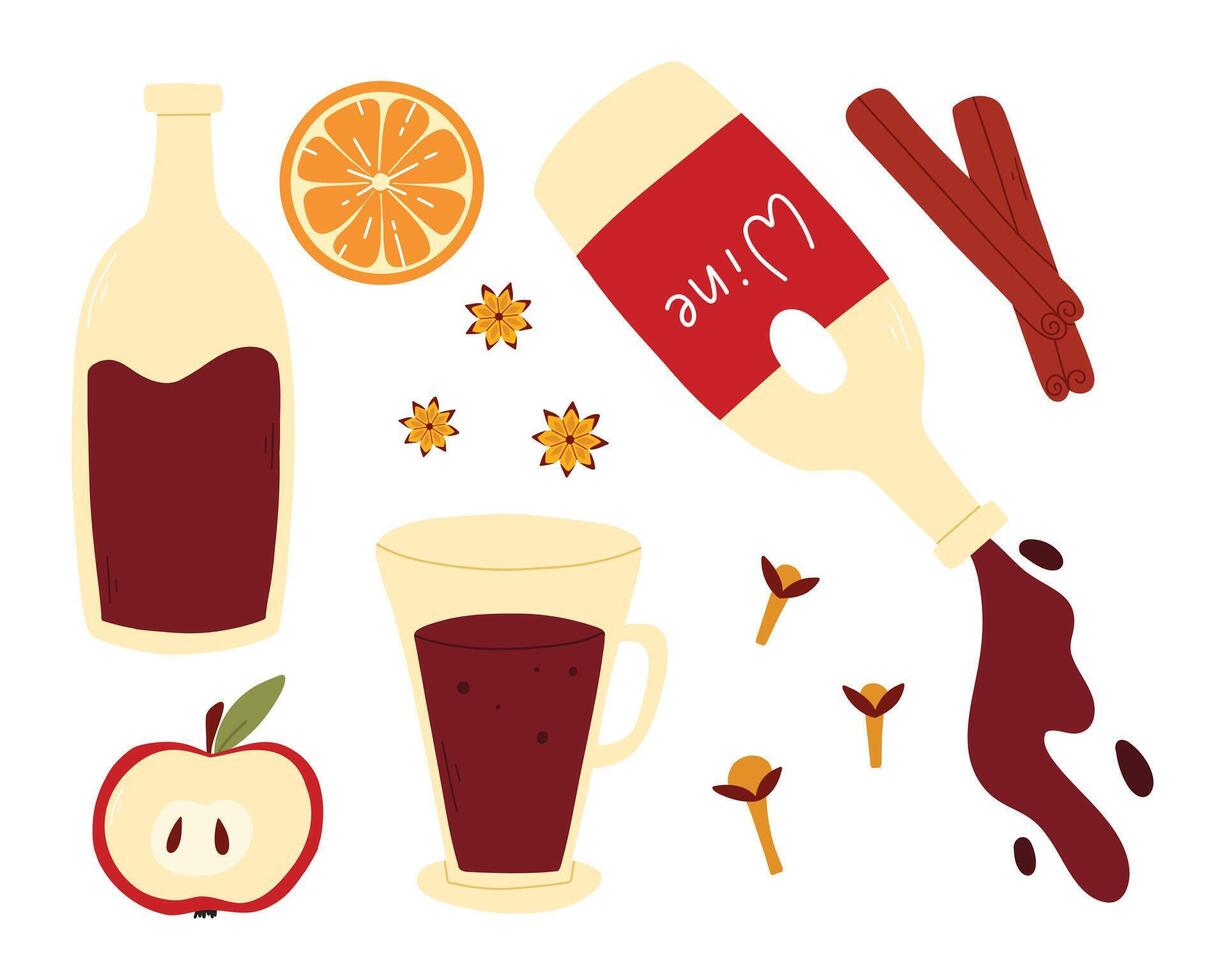 A set of ingredients for mulled wine. Collection for preparing hot grog. illustration in flat style. Autumn winter hot drink. vector