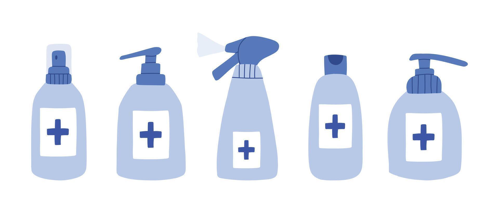 Set of bottles with antiseptic, gel, soap or sanitizer. Collection of antiseptic bottles. illustration. Flat style. vector