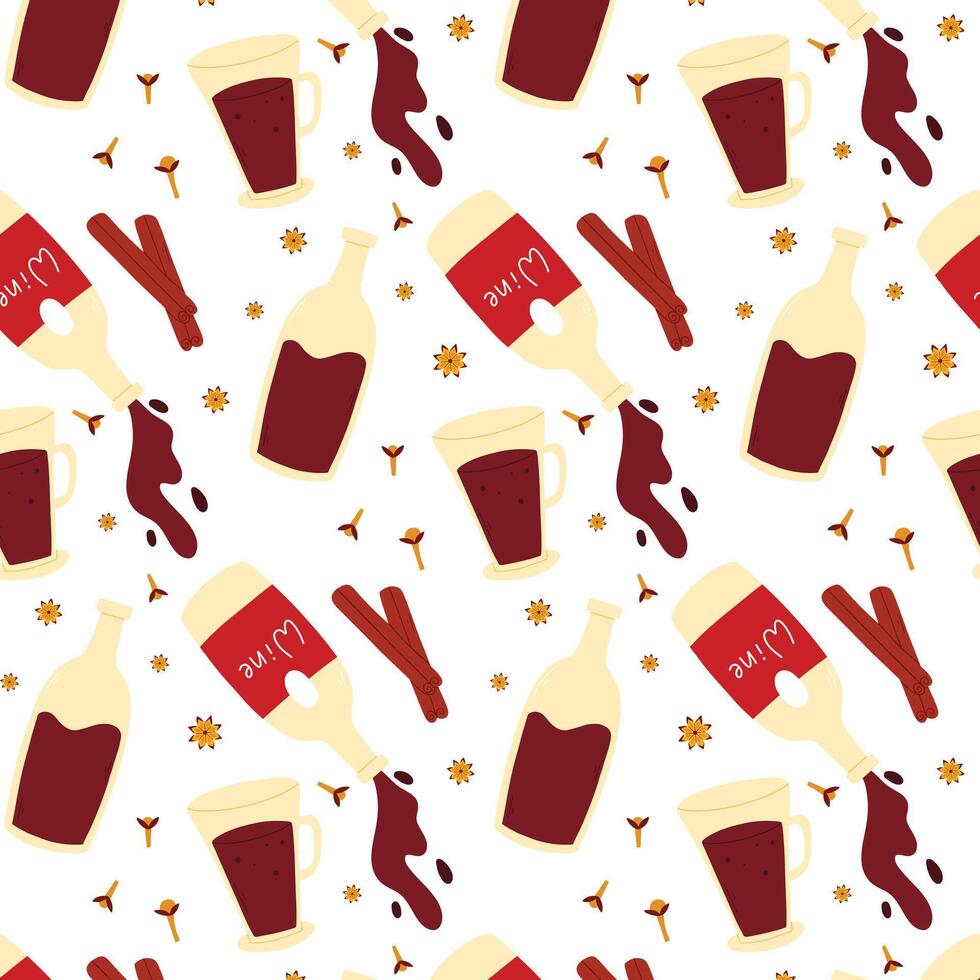 Seamless pattern with mulled wine in hand drawn style. Pattern with red wine grog with spices. Print with hot mulled wine. illustration. vector