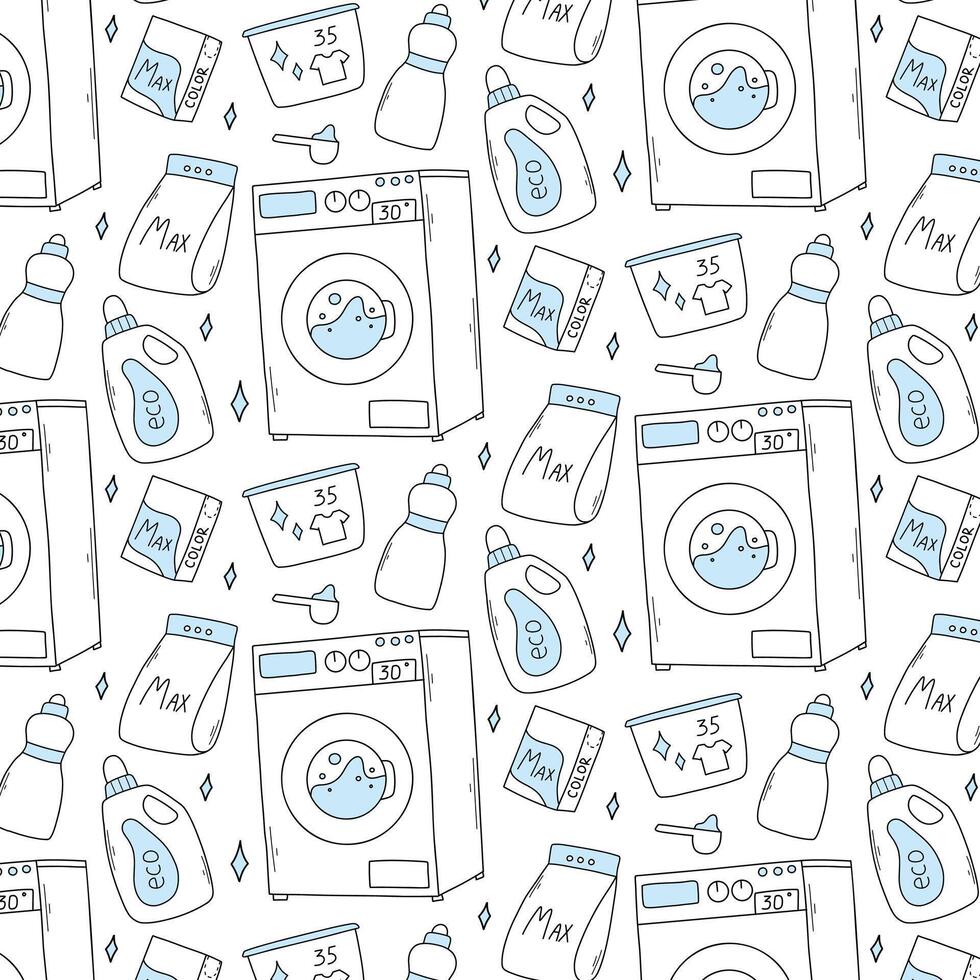 Seamless pattern with wash elements. Print wash laundry. illustration. Doodle style. Pattern with powder, washing gel, washing machine. vector