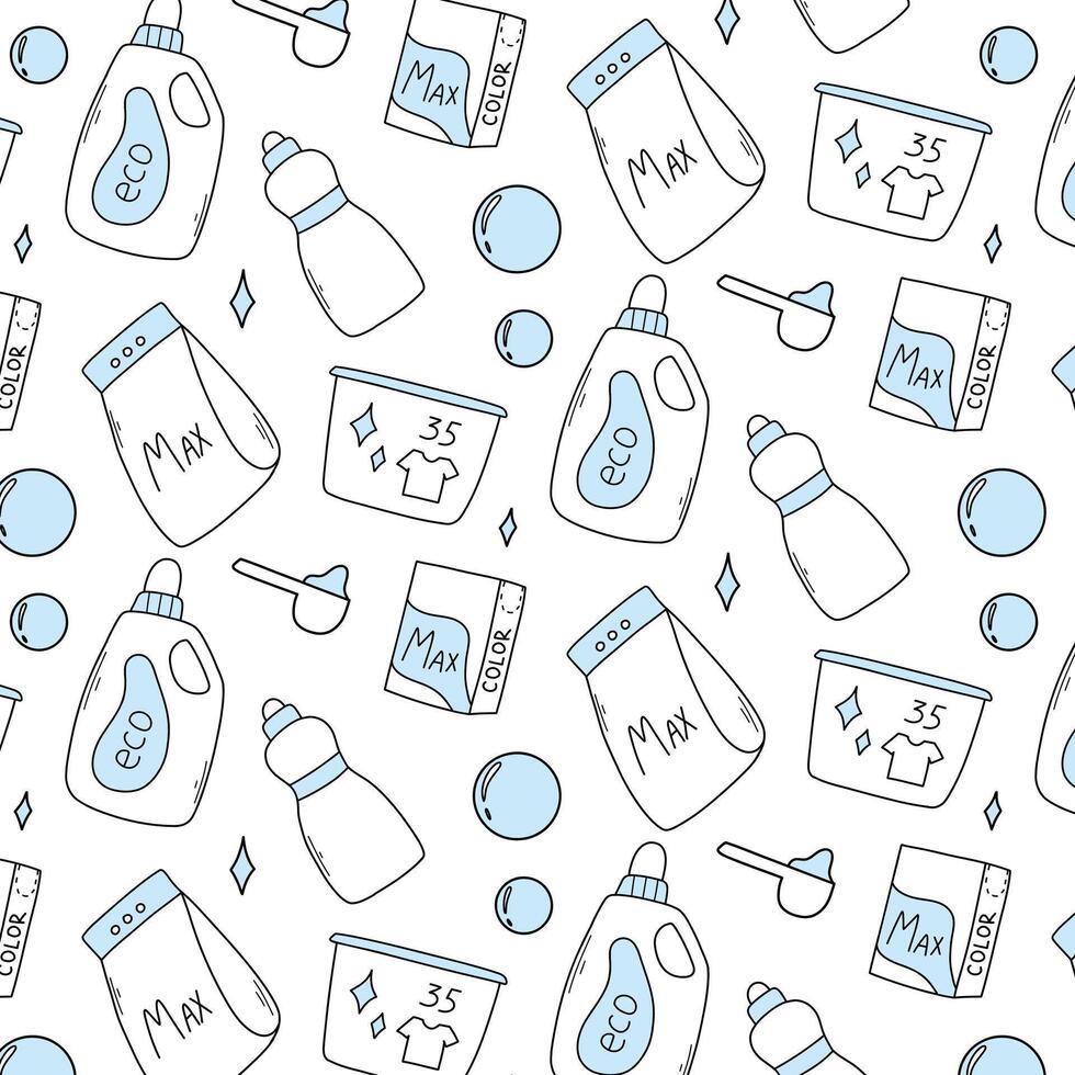 Seamless pattern with wash elements. Print wash laundry. illustration. Doodle style. Pattern with powder, washing gel. vector
