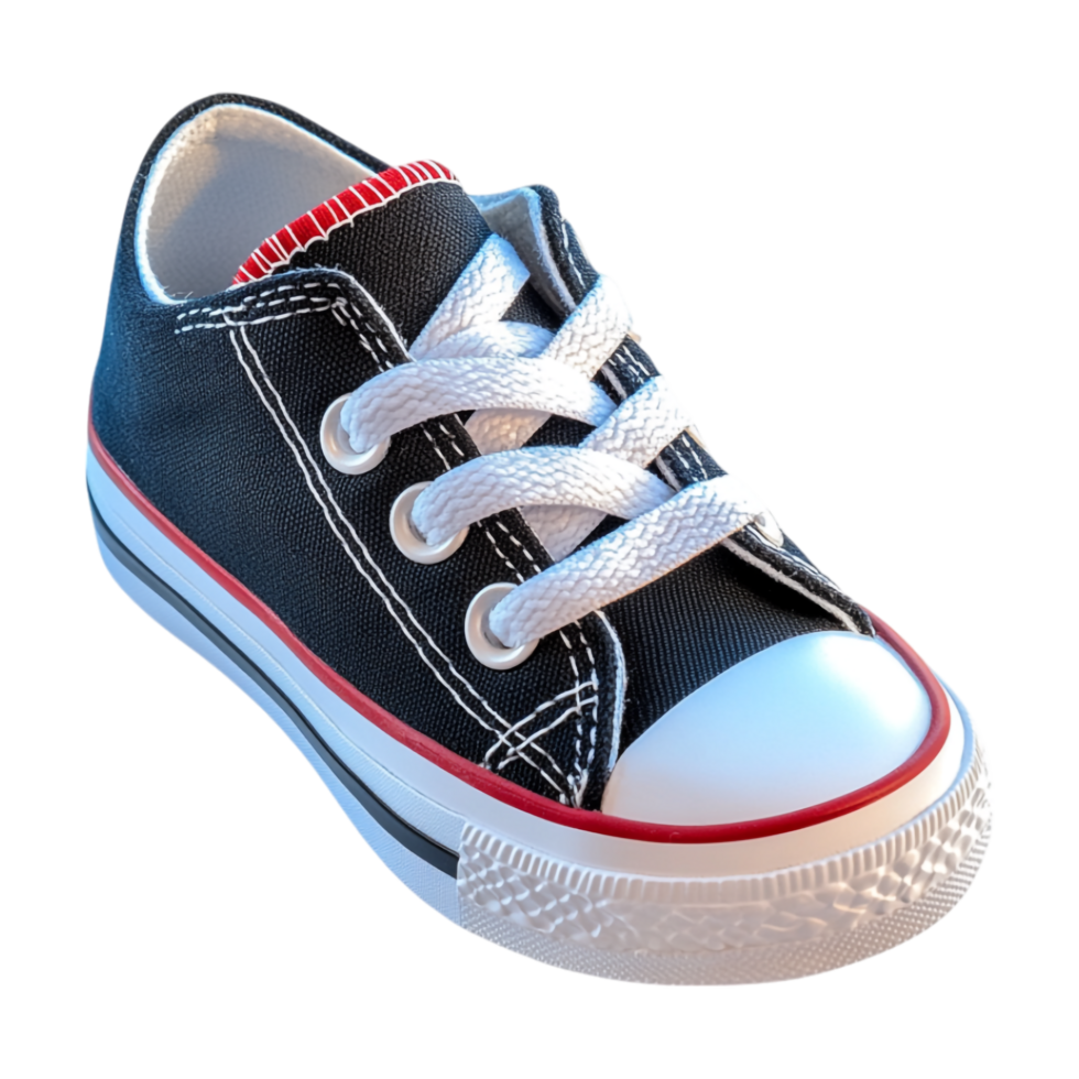 A black and white shoe with red and white laces png