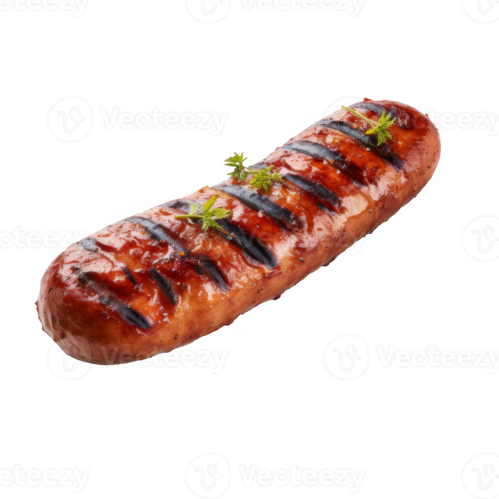 A Single Grilled Sausage with Herbs on a transparent background png