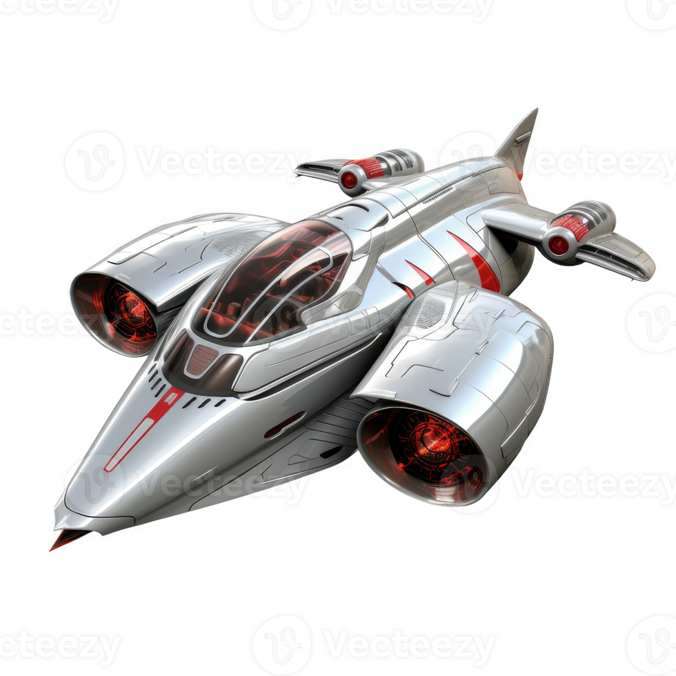 Futuristic silver spaceship with red accents and clear cockpit png