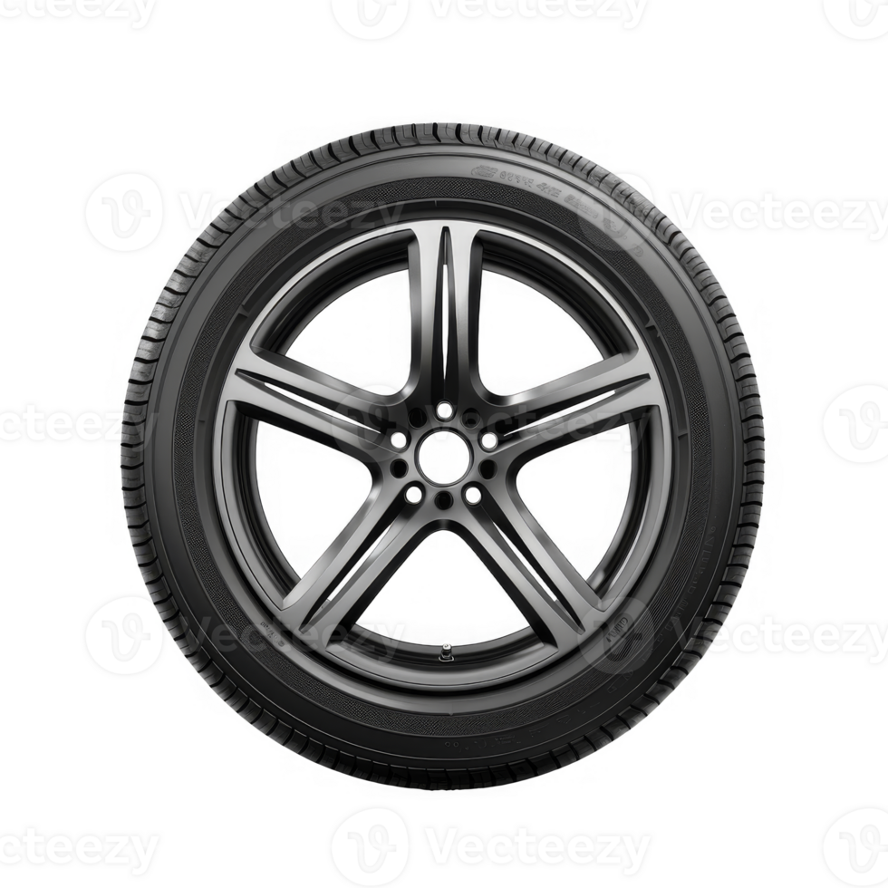 Black Car Tire with Five Spoke Alloy Wheel png