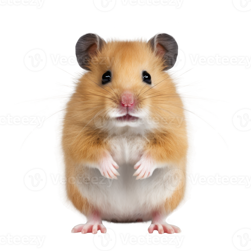 Golden hamster with fluffy fur and pink paws standing on a transparent background png