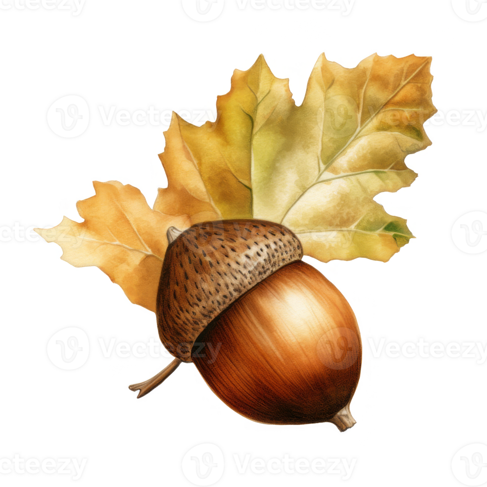 A Brown Acorn with a Yellow Leaf Behind It png