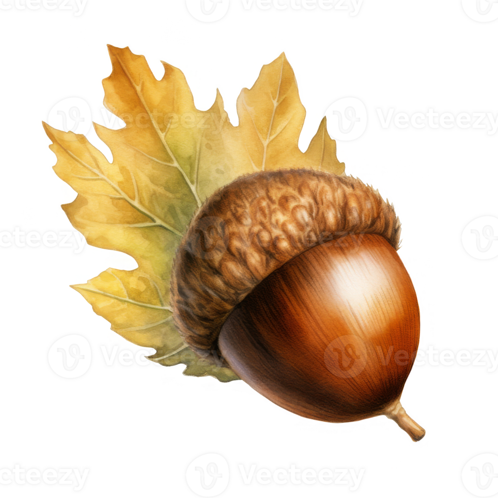 Watercolor illustration of an acorn with a yellow oak leaf png