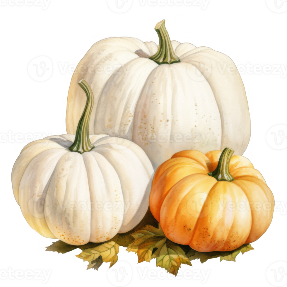 Two White Pumpkins and One Orange Pumpkin with Leaves png