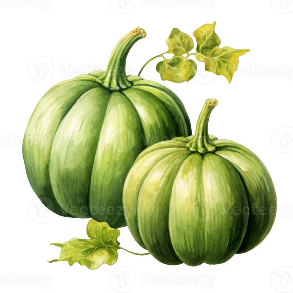 Watercolor Illustration of Two Green Pumpkins with Leaves png