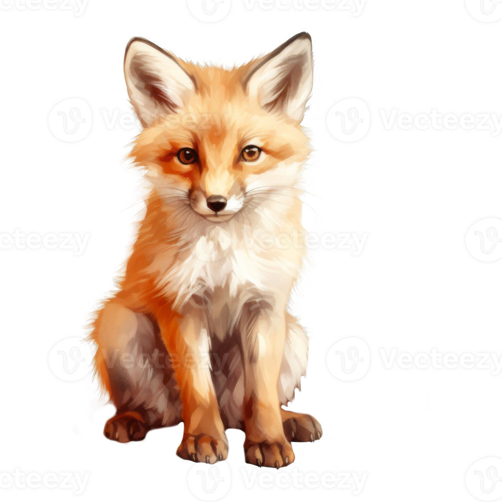 A red fox cub sitting with its paws tucked in, looking directly at the viewer. png