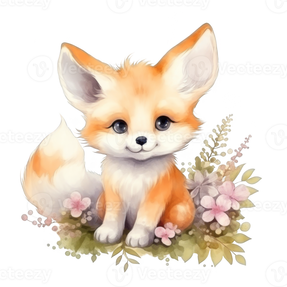Cute Orange Fox Sitting in a Patch of Flowers png