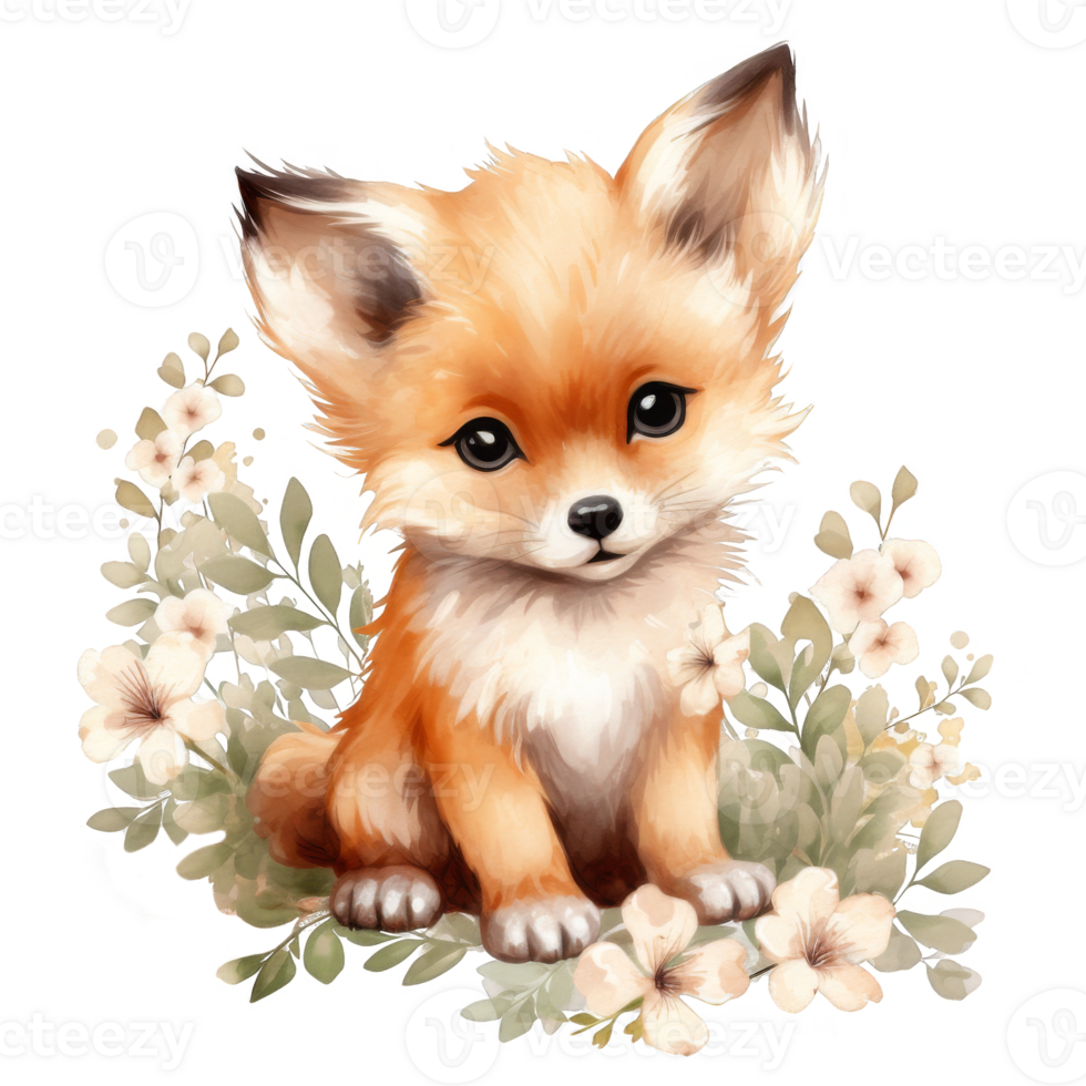 A Cute Little Fox Sitting in a Bed of Watercolor Flowers png