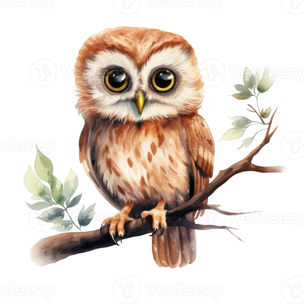 Watercolor Illustration of a Brown Owl Perched on a Branch png