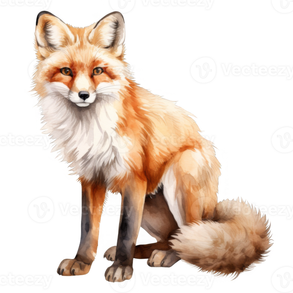 A Watercolor Painting of a Red Fox Sitting with its Tail Wrapped Around its Body png