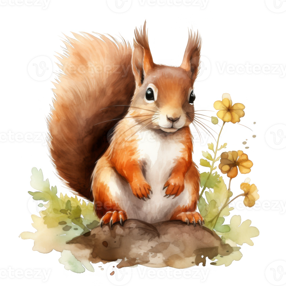A Watercolor Illustration of a Red Squirrel Sitting on a Rock with Yellow Flowers png