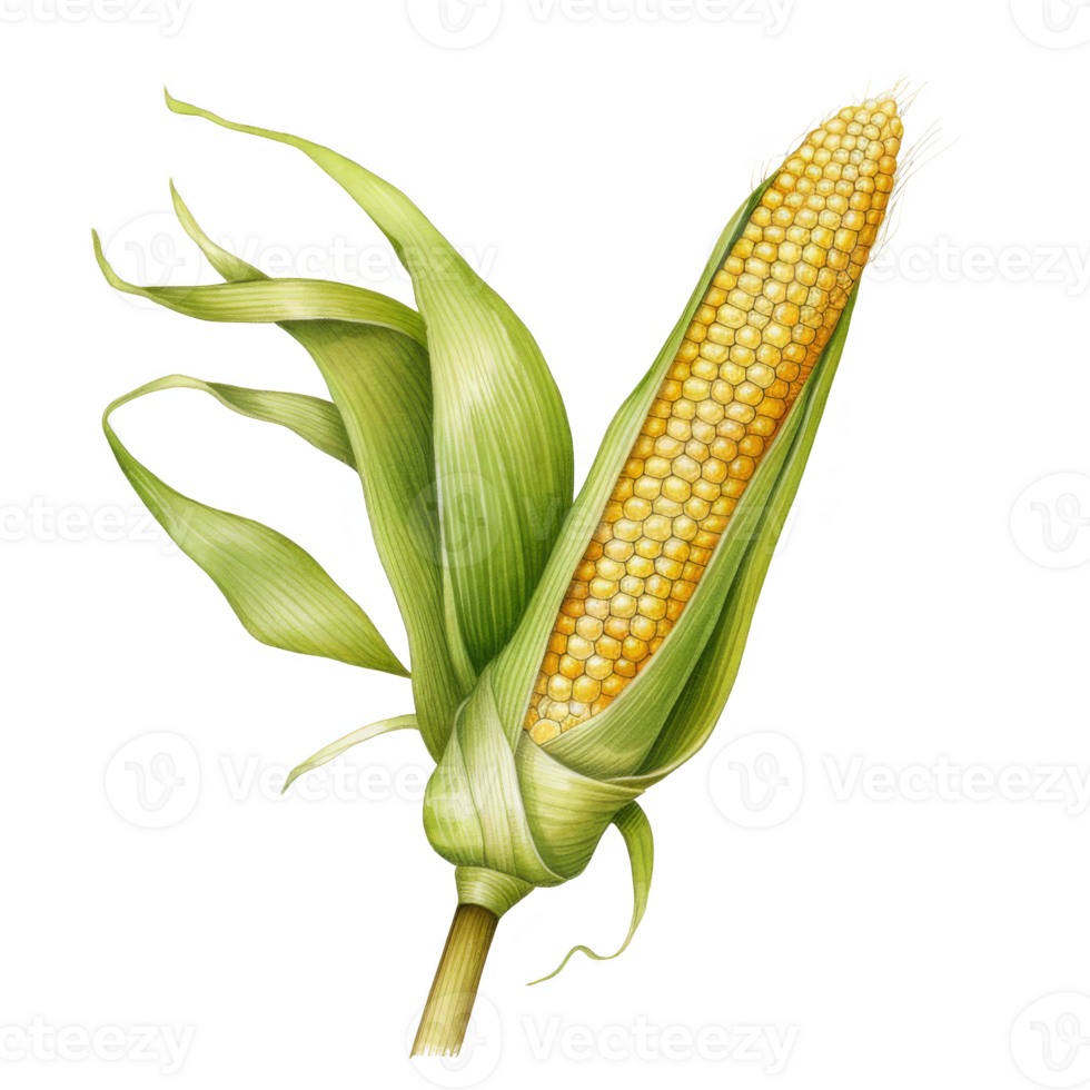 A Single Ear of Corn with Husk Partially Peeled Back png