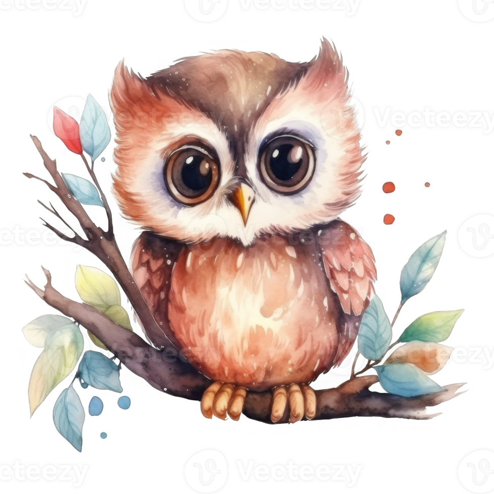 Watercolor Illustration of a Cute Owl Perched on a Branch with Leaves png