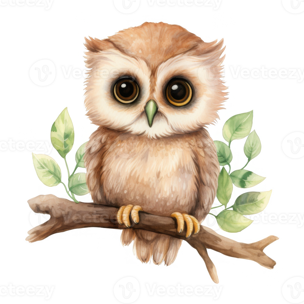 Watercolor illustration of a brown owl perched on a branch with green leaves png