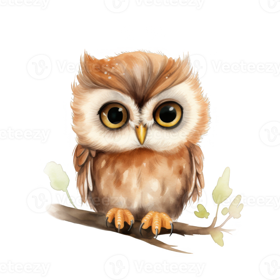 Watercolor Illustration of a Brown Owl Perched on a Branch png