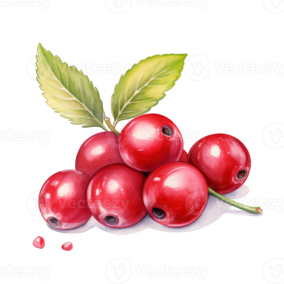 Watercolor painting of a cluster of red berries with green leaves png