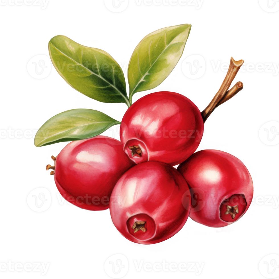 Four Red Cranberries with Green Leaves and Stem png