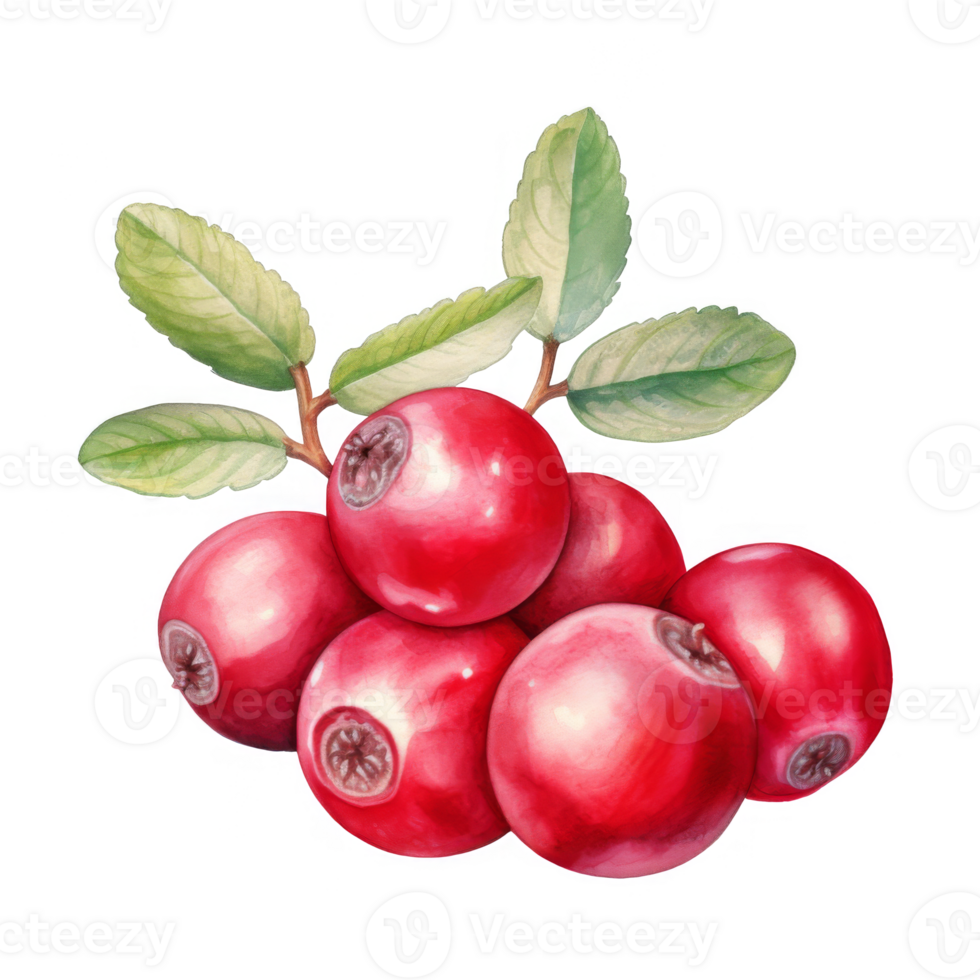 Watercolor Illustration of a Cluster of Red Cranberries with Green Leaves png