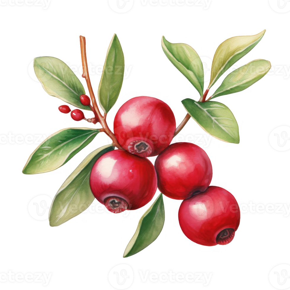 Watercolor Illustration of Cranberries on a Branch with Green Leaves png