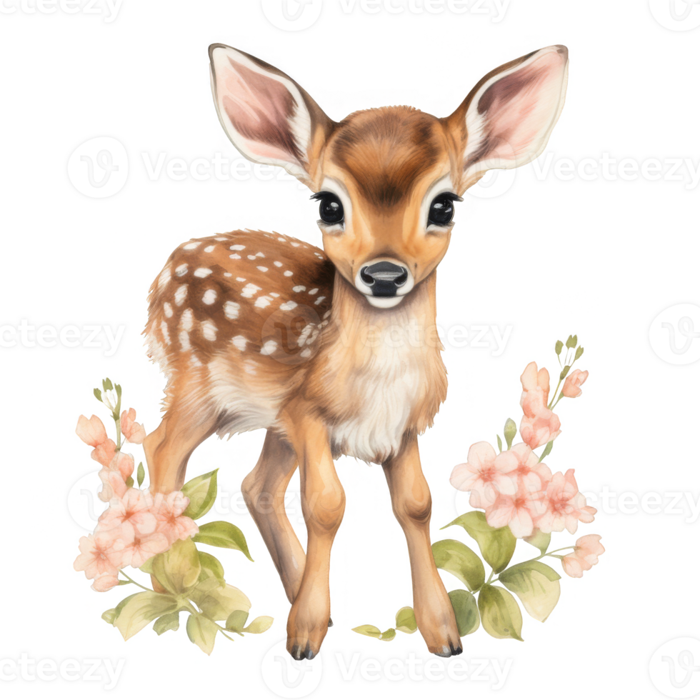 A Fawn with Spotted Fur Surrounded by Pink Flowers png