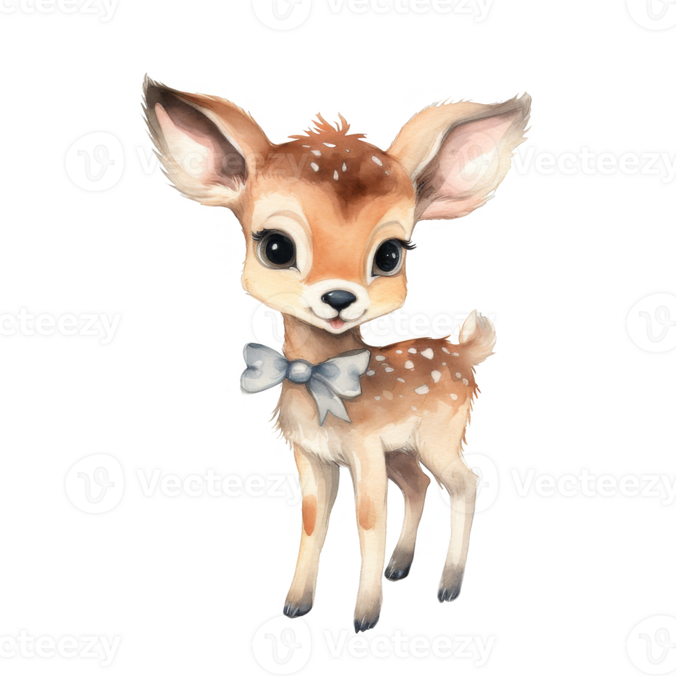 Watercolor Illustration of a Cute Fawn with a Blue Bow png