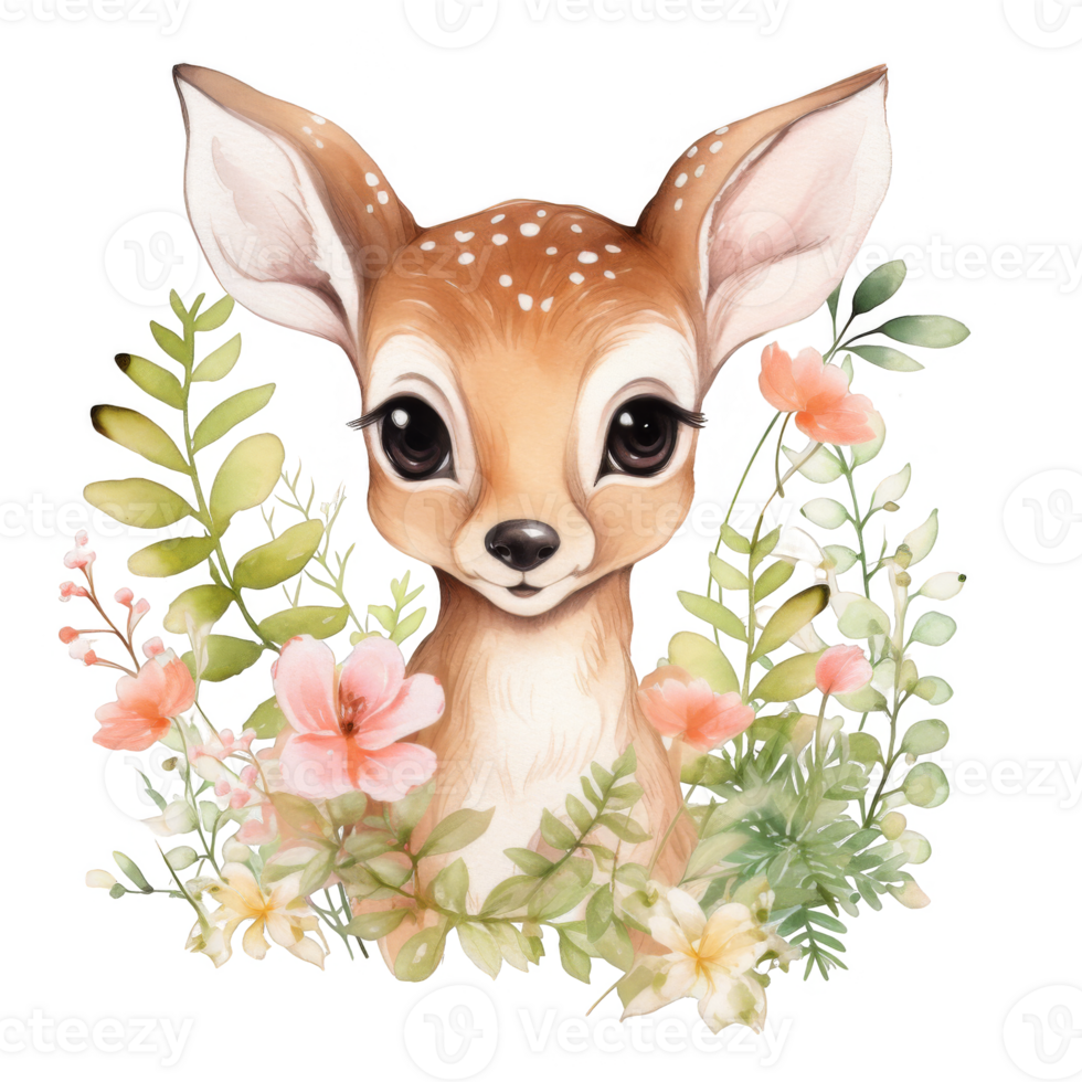 Watercolor Illustration of a Fawn with Floral Surroundings png