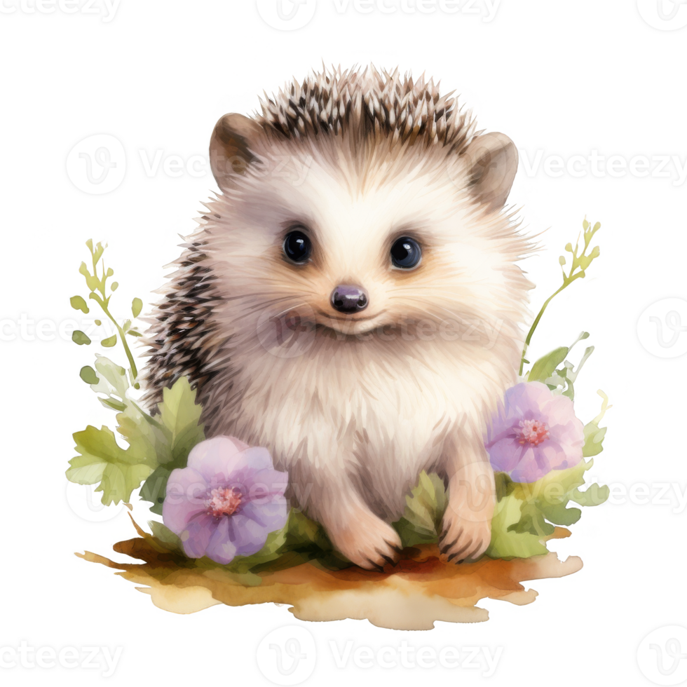 A Cute Hedgehog with Spiky Brown Fur and Big Blue Eyes Surrounded by Purple Flowers and Green Foliage png