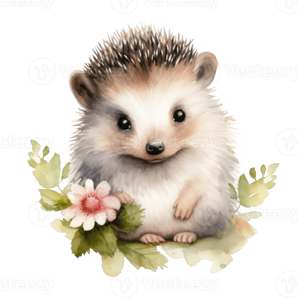 Watercolor Illustration of a Cute Hedgehog with a Pink Flower png