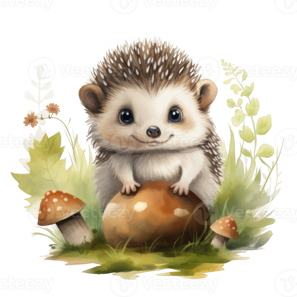 A Cute Hedgehog Holding a Mushroom in a Forest Setting png
