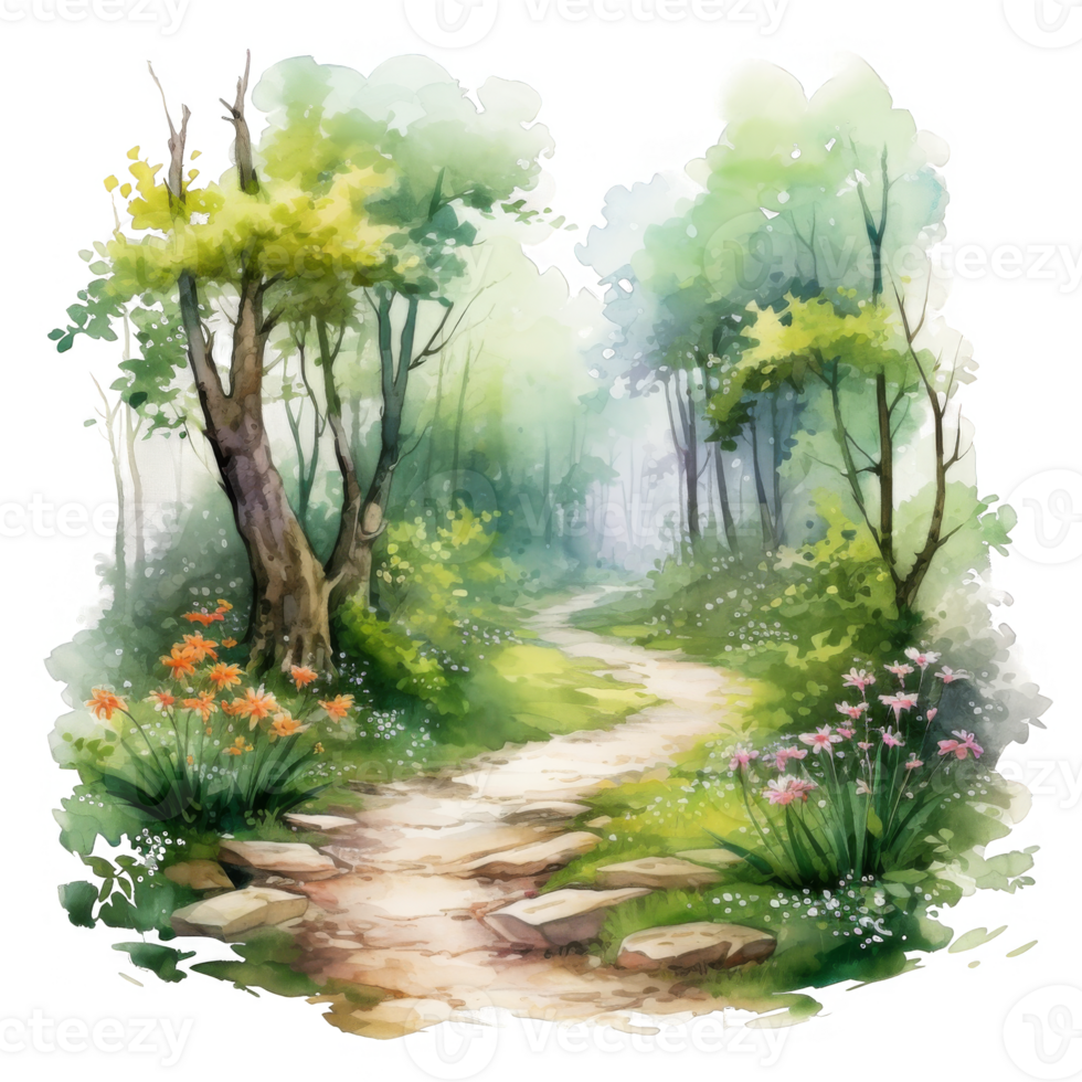 A Watercolor Painting of a Winding Path Through a Lush Forest png