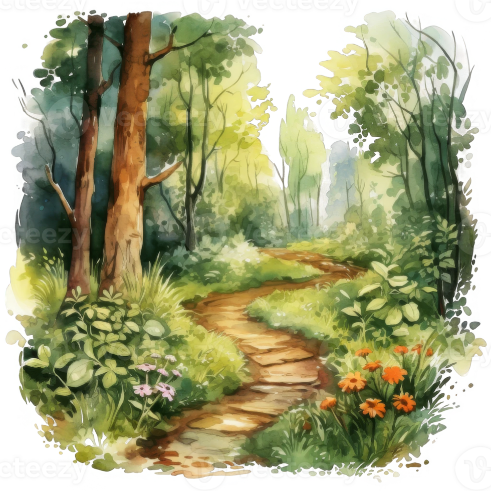 A Winding Stone Path Through a Lush Watercolor Forest png