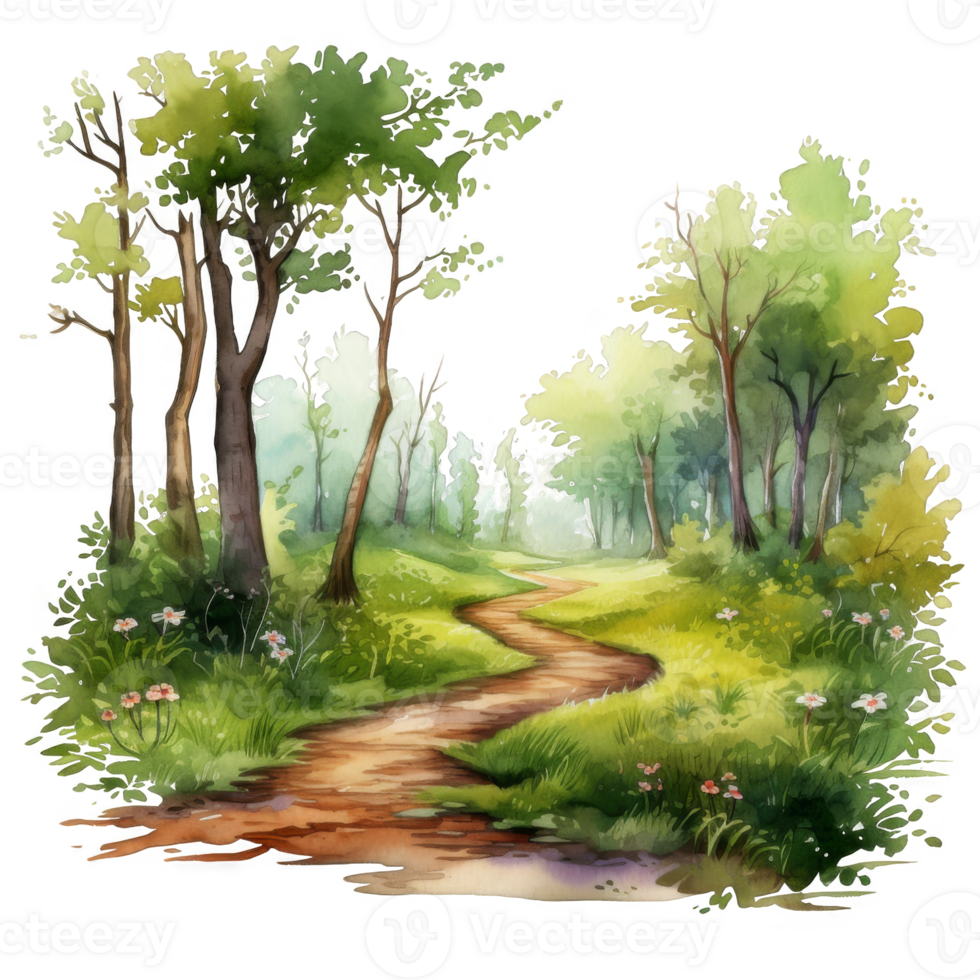 Watercolor Painting of a Winding Path Through a Lush Forest png